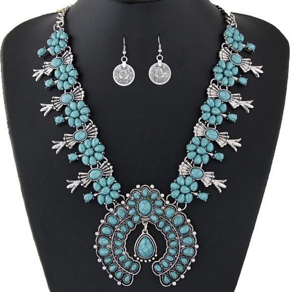 Simple Feather Boutique Jewelry - Western Turquoise Squash Blossom Boho Necklace Set